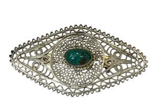 VINTAGE Sterling Silver 935 Eliat Green Stone BROOCH PIN Filigree ISRAEL 2 3/8”